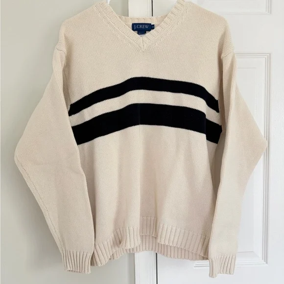 VTG J. Crew Men's Knit Sweater M 100% Cotton White Stripe V Neck USA Made Preppy